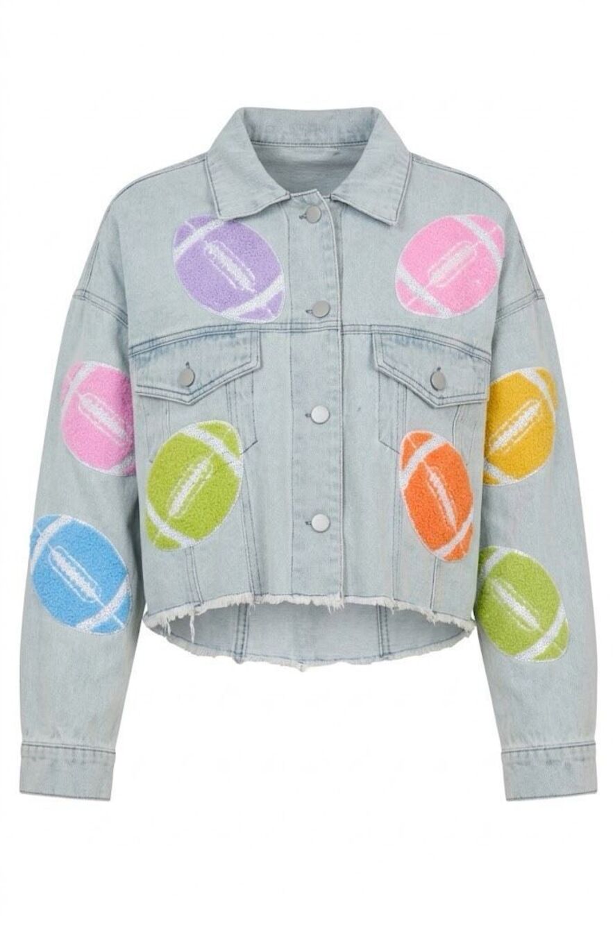 #2040.Peach Love Light Denim Football Towel Sequin Embroidered Patch Jean Jacket